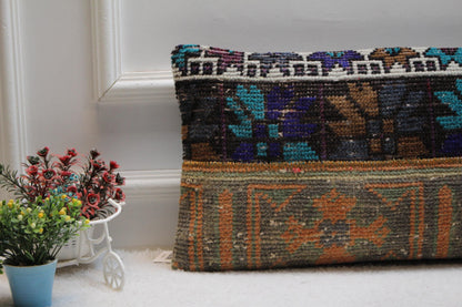 Handmade Vintage Turkish Rug Pillow Cover: Patchwork Lumbar Pillow (12x24 in)