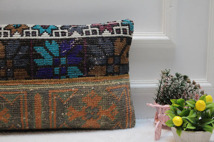 Handmade Vintage Turkish Rug Pillow Cover: Patchwork Lumbar Pillow (12x24 in)