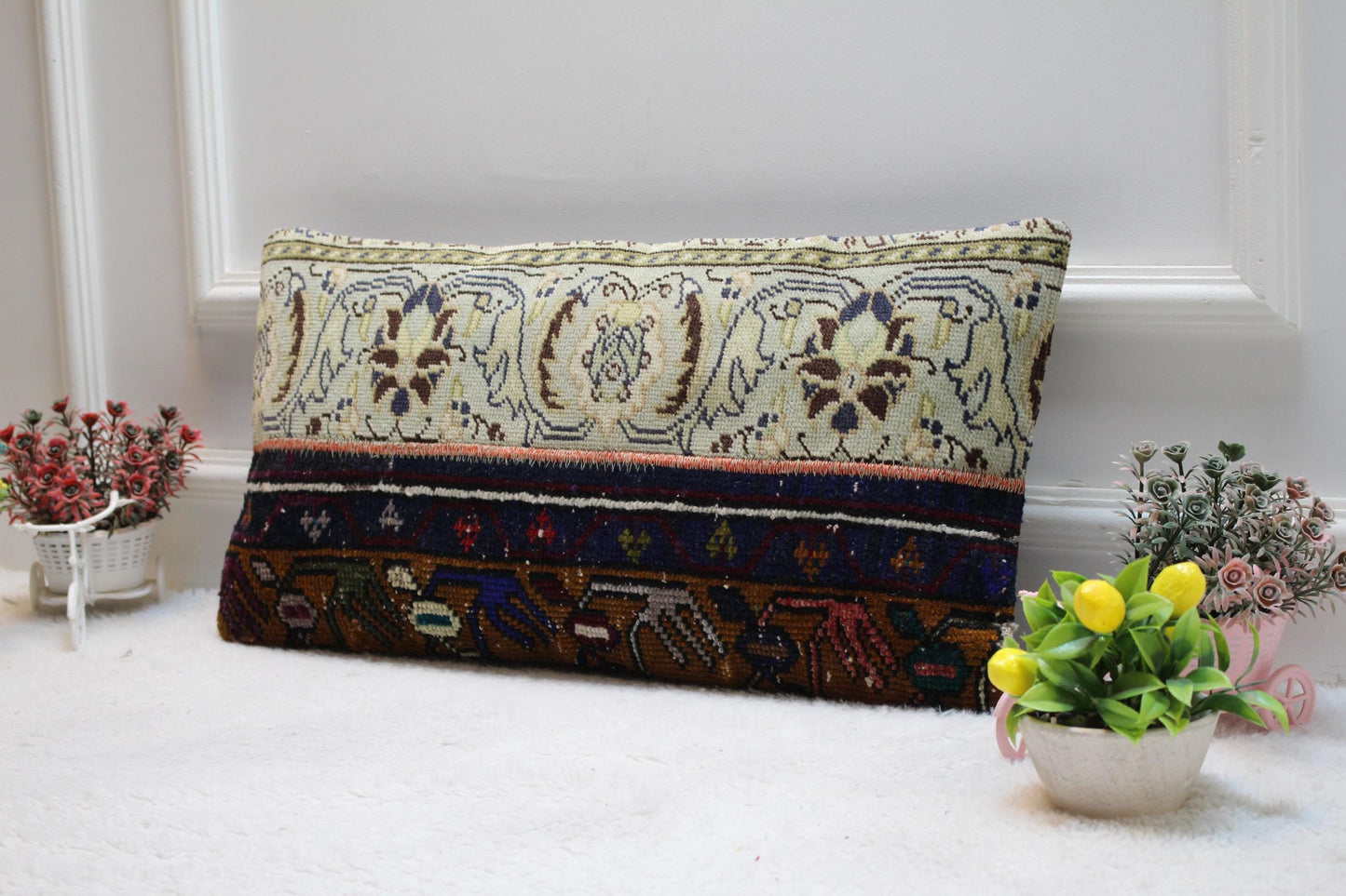 Handmade Turkish Rug Lumbar Pillow Cover: Vintage Patchwork Design (12x24 in)