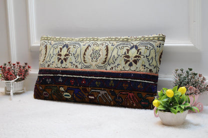 Handmade Turkish Rug Lumbar Pillow Cover: Vintage Patchwork Design (12x24 in)