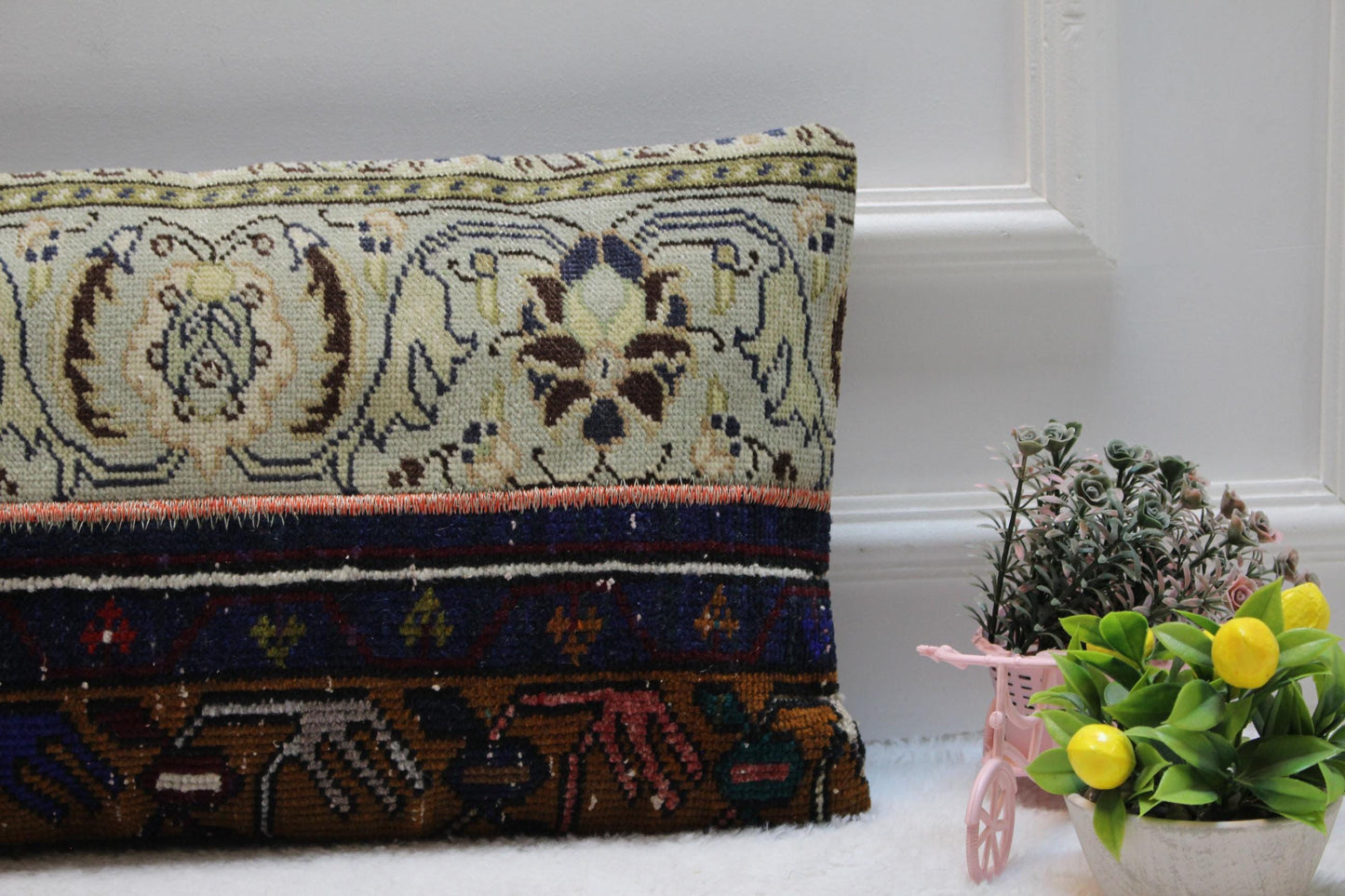 Handmade Turkish Rug Lumbar Pillow Cover: Vintage Patchwork Design (12x24 in)