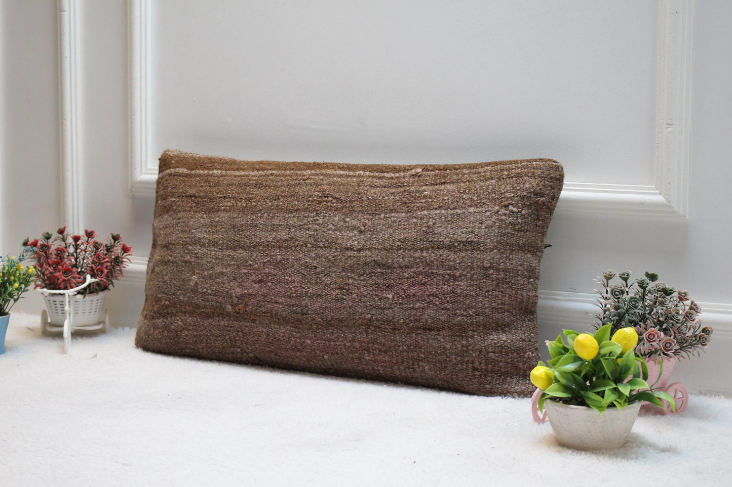 Handmade Brown Kilim Pillow Cover: Vintage Woven Wool, 12x24 inch