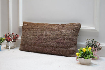 Handmade Brown Kilim Pillow Cover: Vintage Woven Wool, 12x24 inch