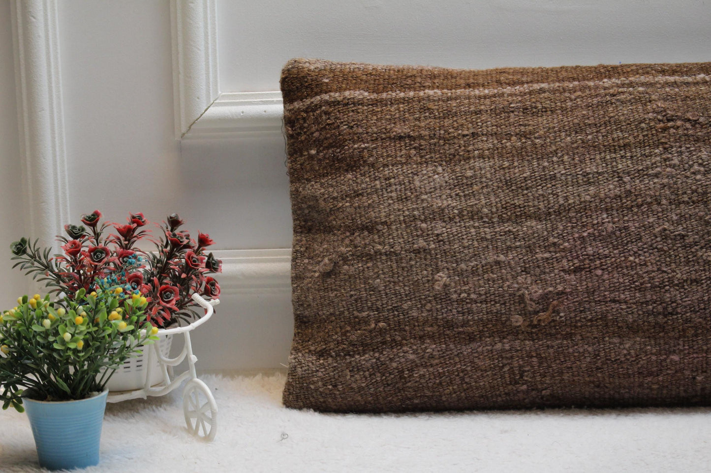 Handmade Brown Kilim Pillow Cover: Vintage Woven Wool, 12x24 inch