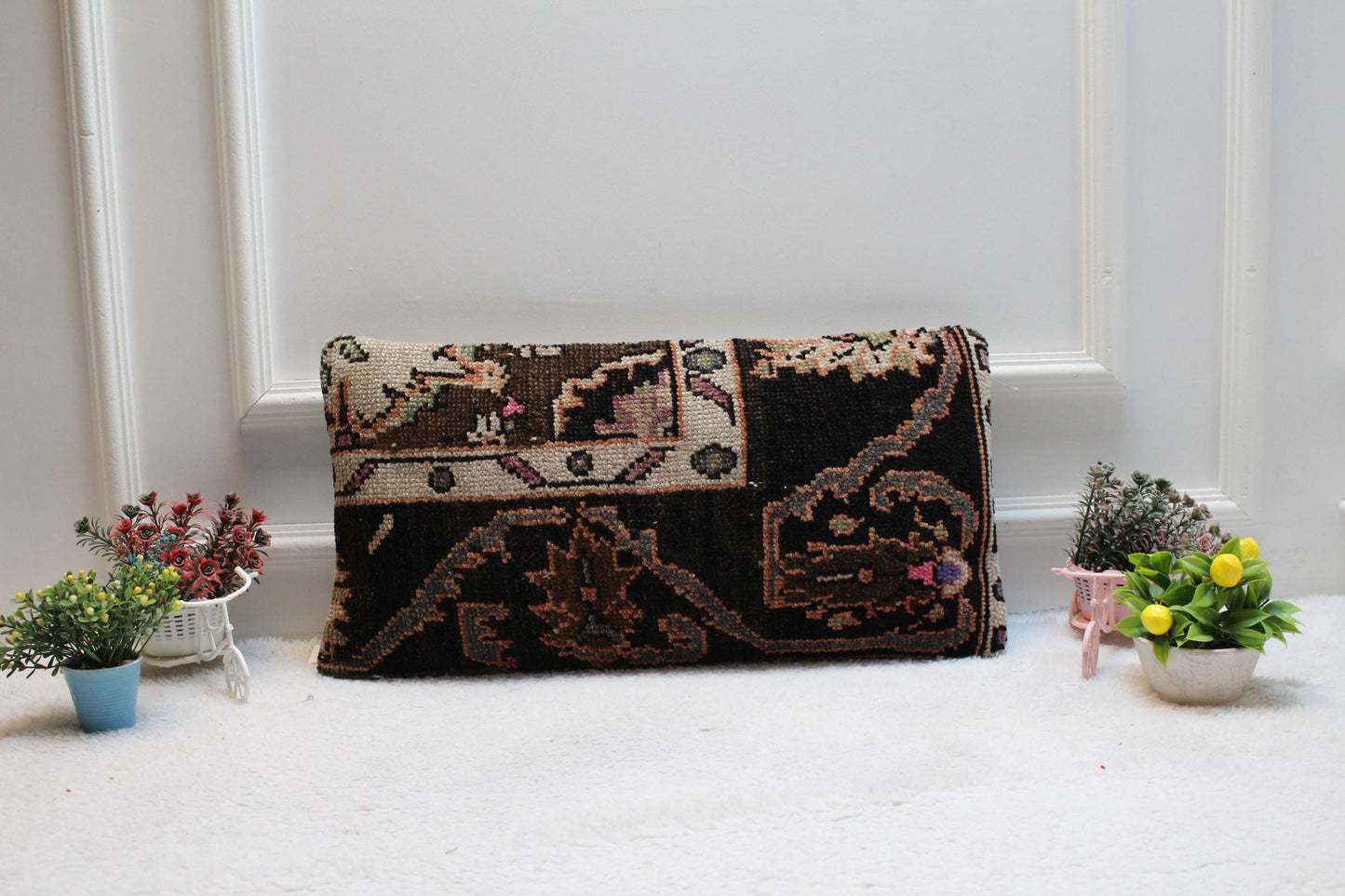 Handmade Wool Lumbar Pillow Cover: Boho Anatolian Design, 12x24 inch