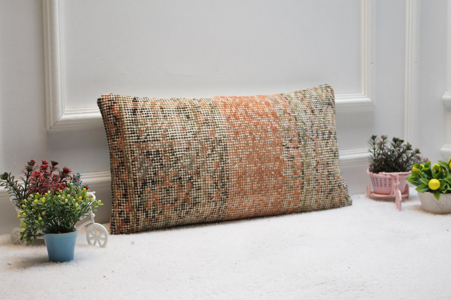 Vintage Turkish Rug Lumbar Pillow Cover: Upcycled Woven Wool, 12x24 inch