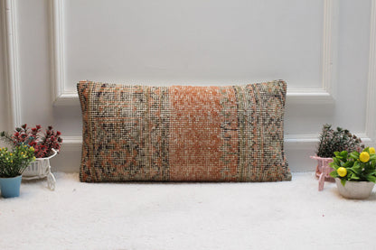 Vintage Turkish Rug Lumbar Pillow Cover: Upcycled Woven Wool, 12x24 inch