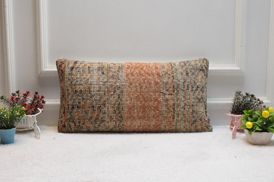 Vintage Turkish Rug Lumbar Pillow Cover: Upcycled Woven Wool, 12x24 inch