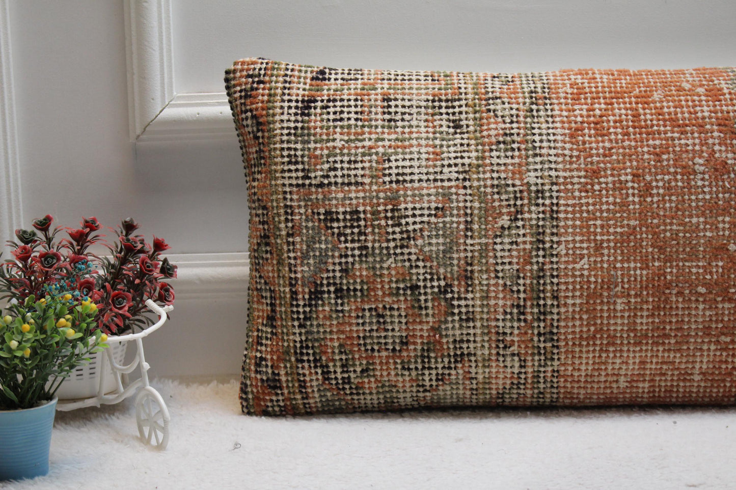Vintage Turkish Rug Lumbar Pillow Cover: Upcycled Woven Wool, 12x24 inch