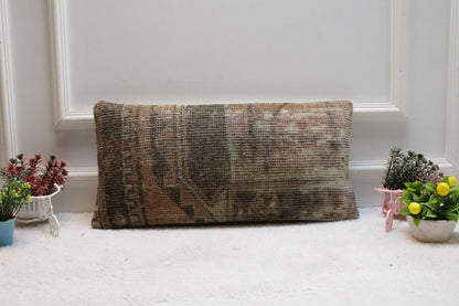 Handmade Turkish Rug Lumbar Pillow Cover: Geometric Boho Design (12x24in)