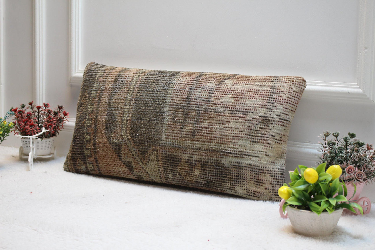 Handmade Turkish Rug Lumbar Pillow Cover: Geometric Boho Design (12x24in)