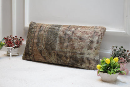 Handmade Turkish Rug Lumbar Pillow Cover: Geometric Boho Design (12x24in)