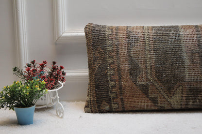 Handmade Turkish Rug Lumbar Pillow Cover: Geometric Boho Design (12x24in)