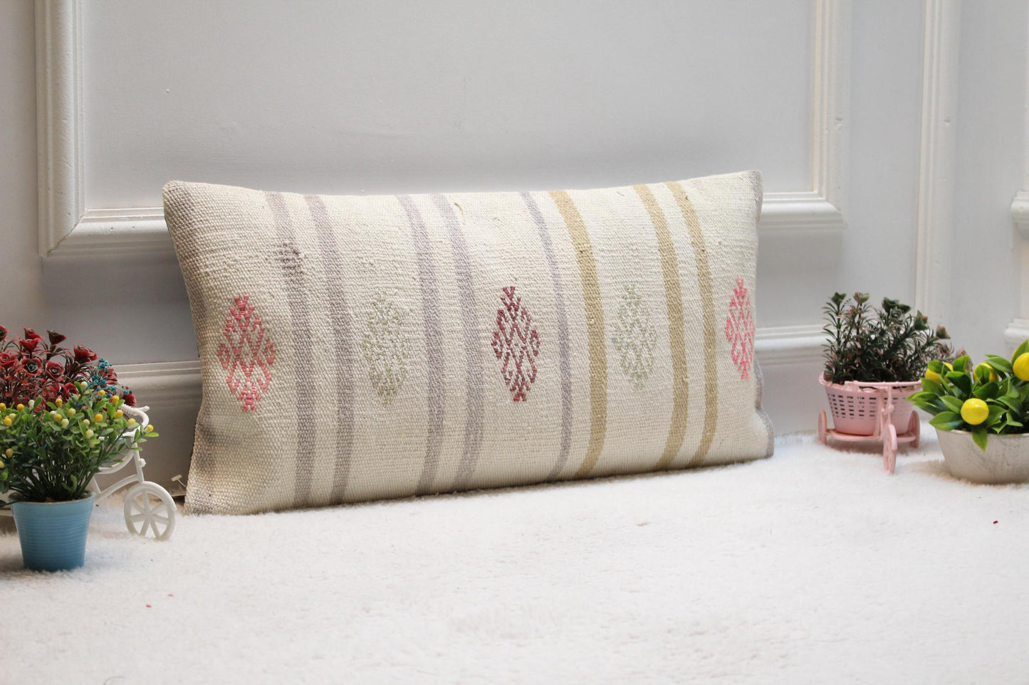 Handmade Kilim Lumbar Pillow Cover: Turkish Woven Rug, 12x24 inch