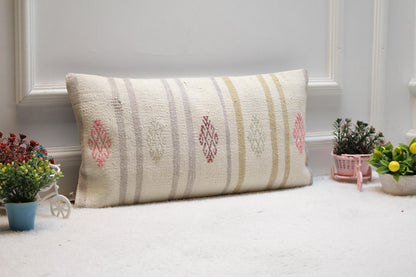 Handmade Kilim Lumbar Pillow Cover: Turkish Woven Rug, 12x24 inch