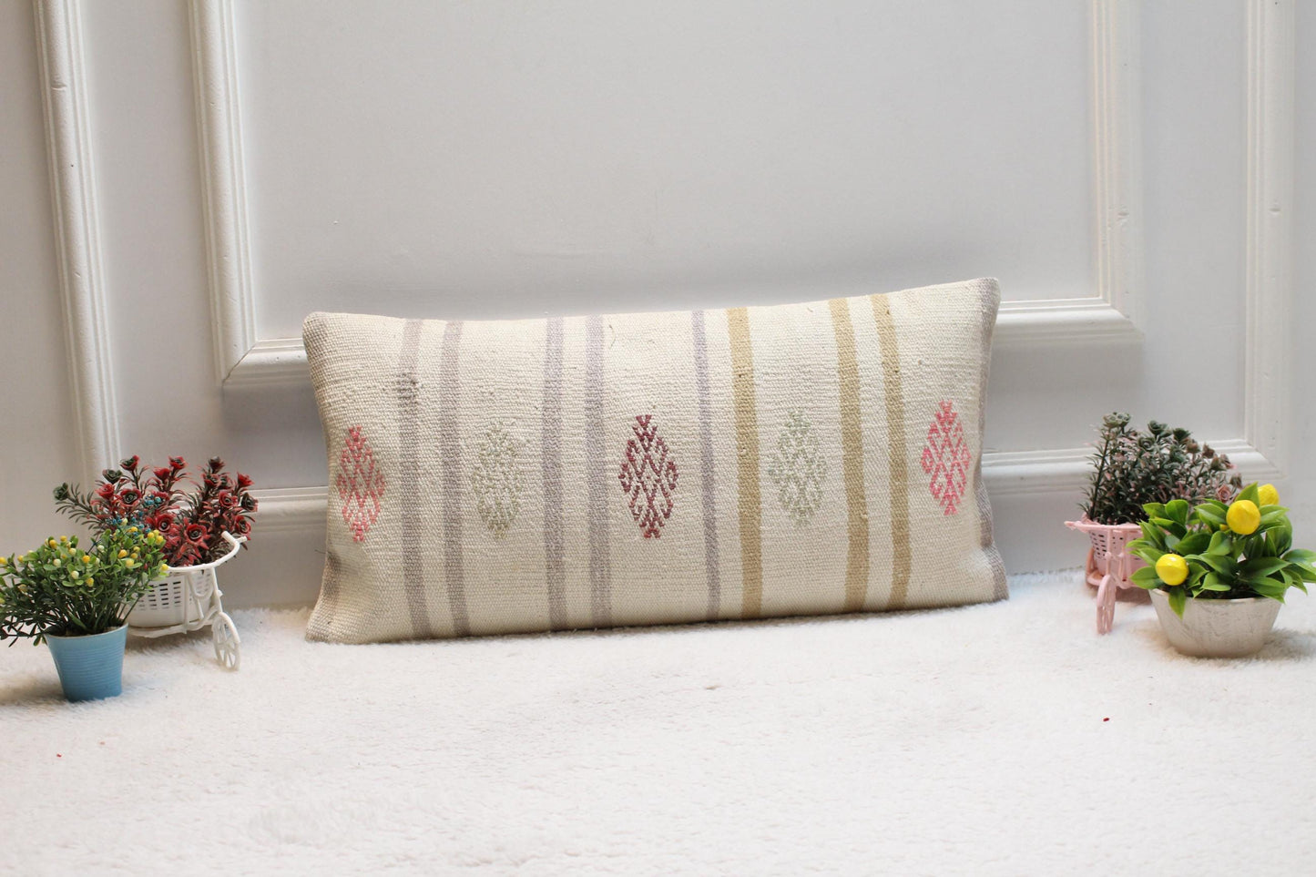 Handmade Kilim Lumbar Pillow Cover: Turkish Woven Rug, 12x24 inch
