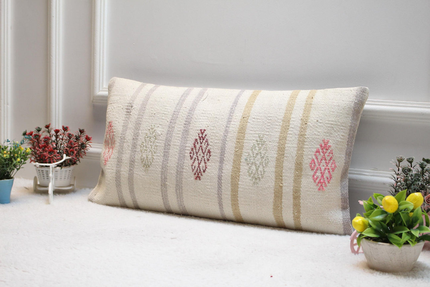 Handmade Kilim Lumbar Pillow Cover: Turkish Woven Rug, 12x24 inch