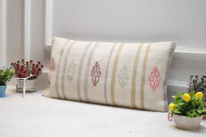Handmade Kilim Lumbar Pillow Cover: Turkish Woven Rug, 12x24 inch