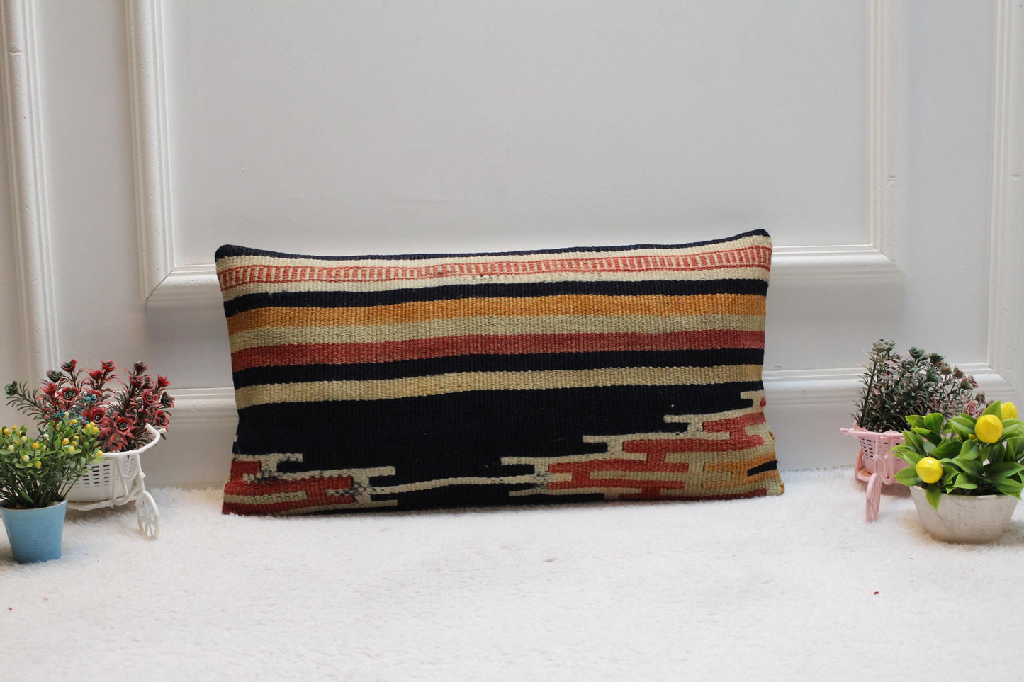 Striped Kilim Lumbar Pillow Cover: Organic Wool Turkish Pillow Case (12x24in)