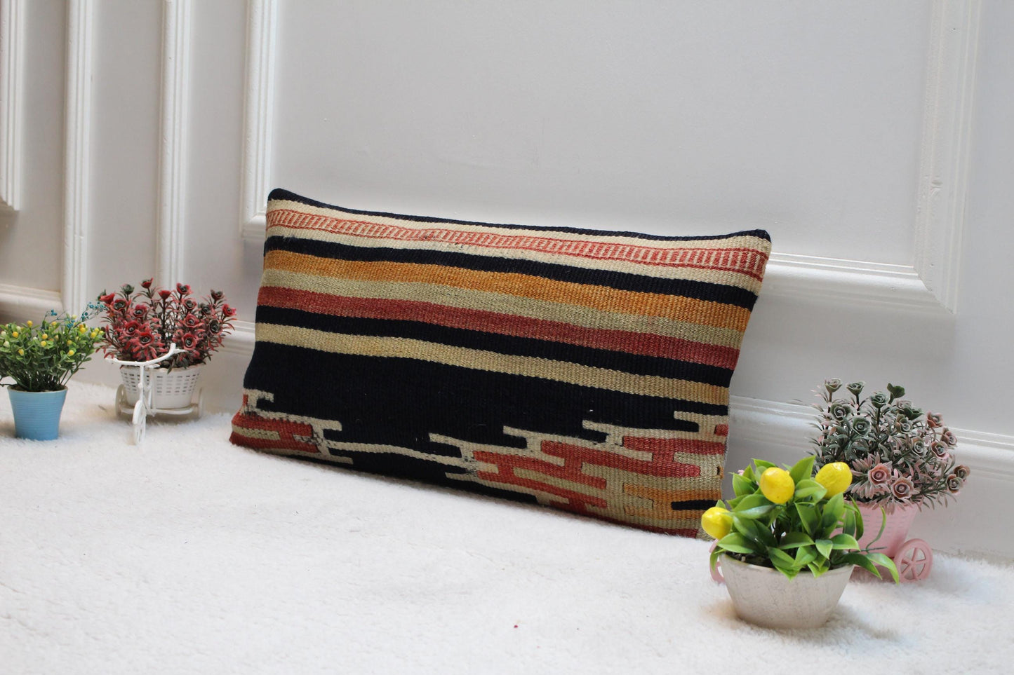 Striped Kilim Lumbar Pillow Cover: Organic Wool Turkish Pillow Case (12x24in)