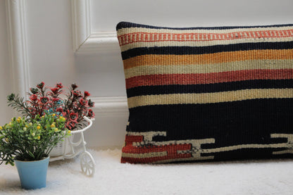 Striped Kilim Lumbar Pillow Cover: Organic Wool Turkish Pillow Case (12x24in)