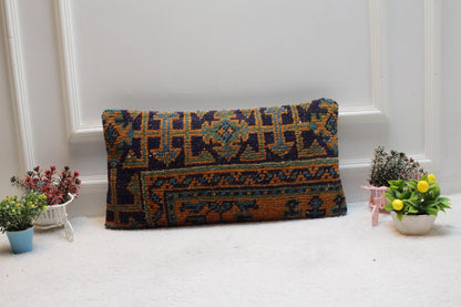 Handmade Turkish Rug Pillow Cover: Upcycled Kilim Lumbar Pillow (12x24 inc)