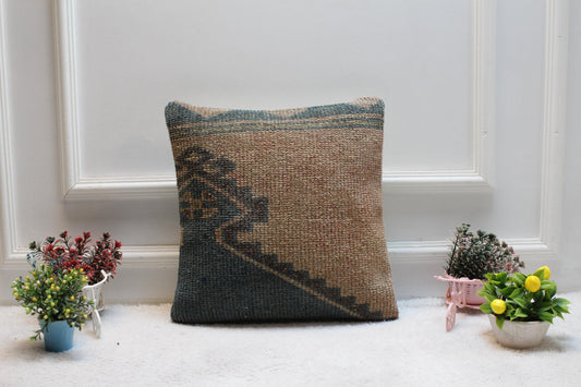 Handmade Turkish Kilim Pillow Cover: Upcycled Woven Rug, 16x16 inch
