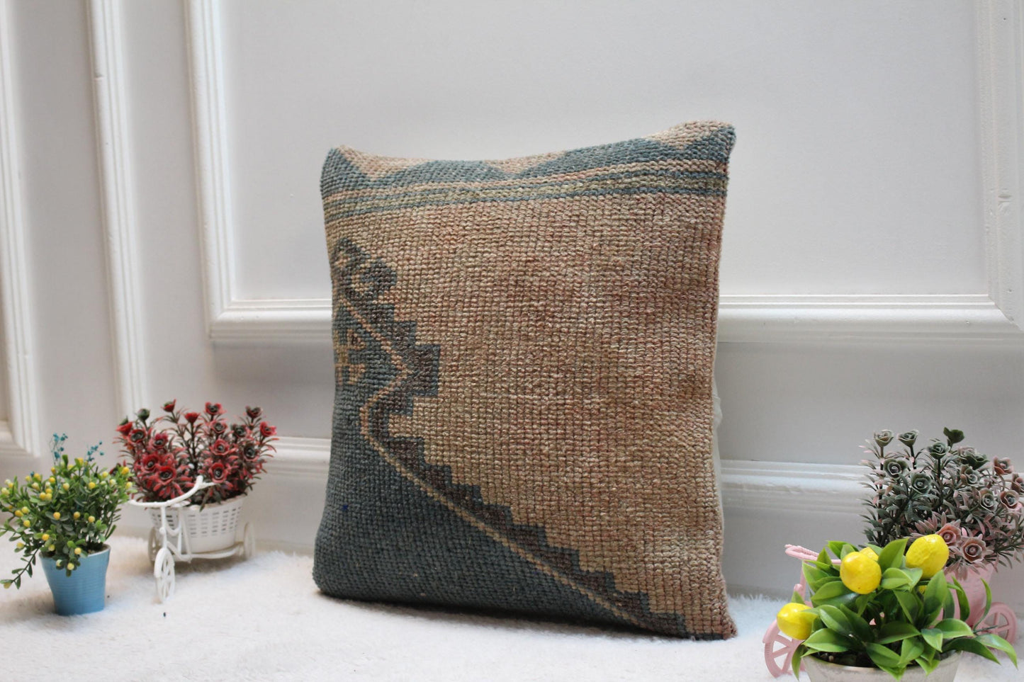 Handmade Turkish Kilim Pillow Cover: Upcycled Woven Rug, 16x16 inch