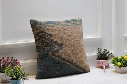 Handmade Turkish Kilim Pillow Cover: Upcycled Woven Rug, 16x16 inch
