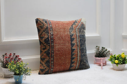 Handmade Red Turkish Rug Pillow Cover: Boho Home Decor (16x16 inch)