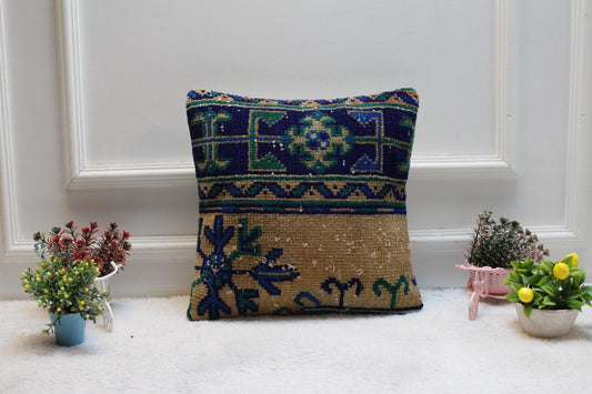 Blue Vintage Turkish Rug Pillow Cover: Boho Home Decor, 16x16 inch