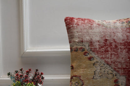 Red Beige Turkish Rug Pillow Cover: Vintage Woven Wool, 16x16 inch