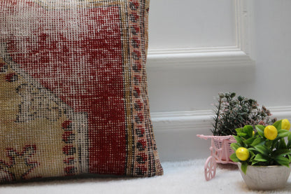 Red Beige Turkish Rug Pillow Cover: Vintage Woven Wool, 16x16 inch