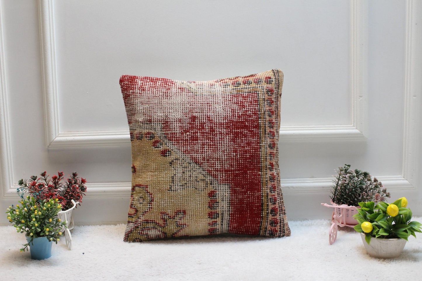 Red Beige Turkish Rug Pillow Cover: Vintage Woven Wool, 16x16 inch
