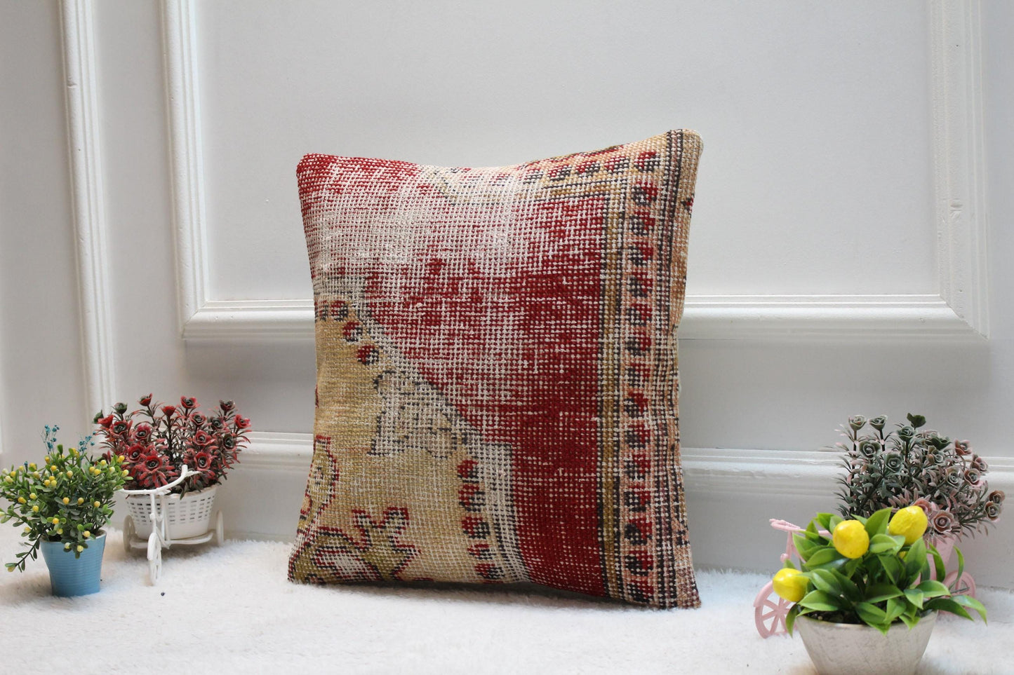 Red Beige Turkish Rug Pillow Cover: Vintage Woven Wool, 16x16 inch