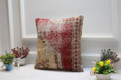 Red Beige Turkish Rug Pillow Cover: Vintage Woven Wool, 16x16 inch