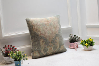 Handmade Turkish Rug Pillow Cover: Upcycled Wool, Bohemian Home Decor (16x16 inc)