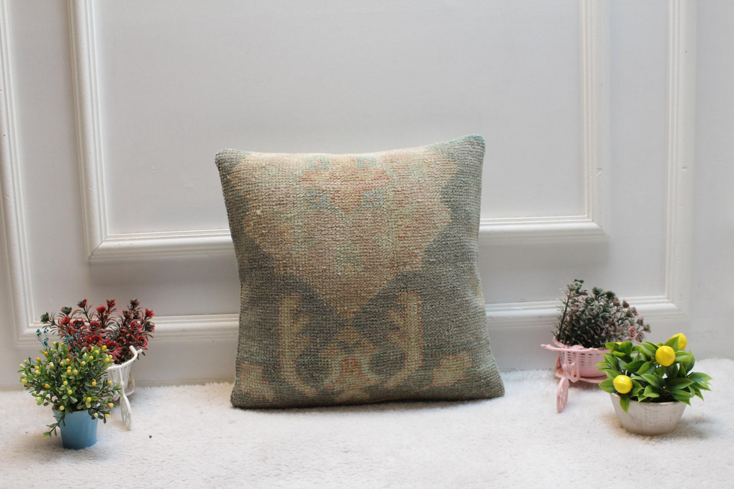 Handmade Turkish Rug Pillow Cover: Upcycled Wool, Bohemian Home Decor (16x16 inc)