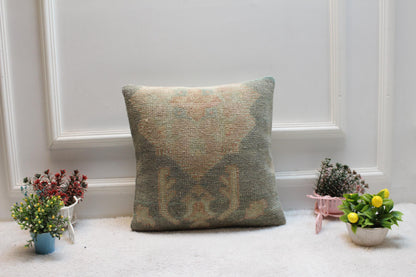 Handmade Turkish Rug Pillow Cover: Upcycled Wool, Bohemian Home Decor (16x16 inc)