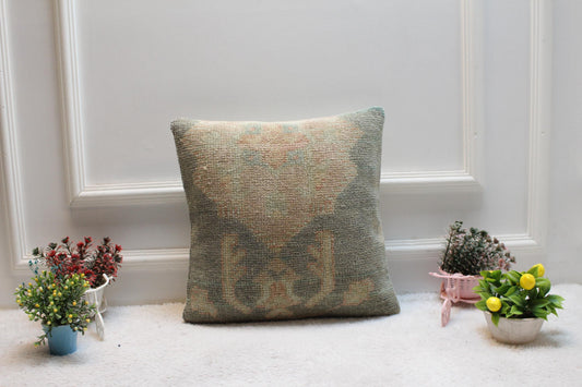 Handmade Turkish Rug Pillow Cover: Upcycled Wool, Bohemian Home Decor (16x16 inc)