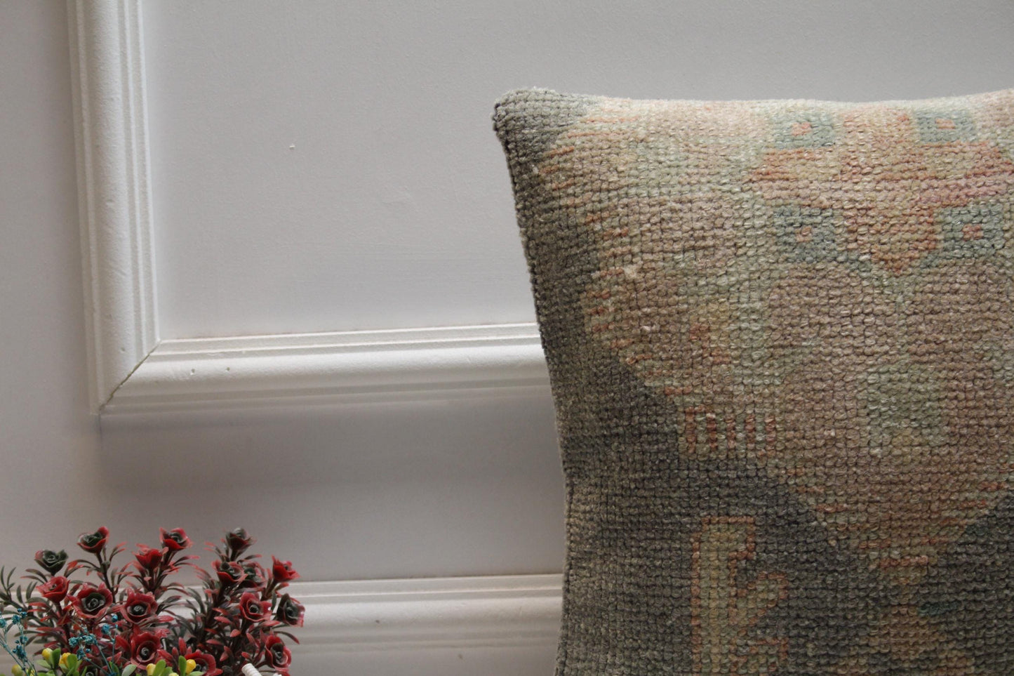 Handmade Turkish Rug Pillow Cover: Upcycled Wool, Bohemian Home Decor (16x16 inc)