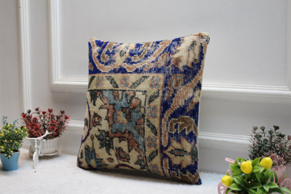 Blue Vintage Turkish Rug Pillow Cover: Boho Kilim Pillow (16x16 in)