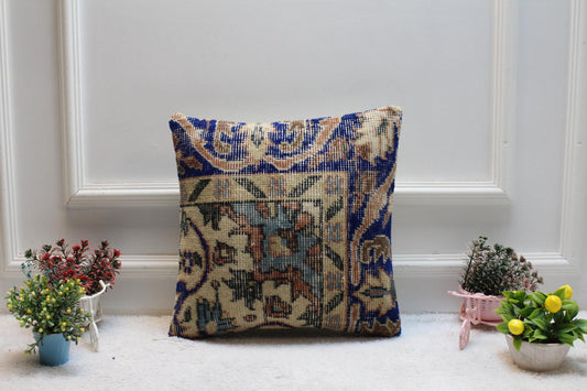 Blue Vintage Turkish Rug Pillow Cover: Boho Kilim Pillow (16x16 in)