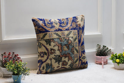 Blue Vintage Turkish Rug Pillow Cover: Boho Kilim Pillow (16x16 in)