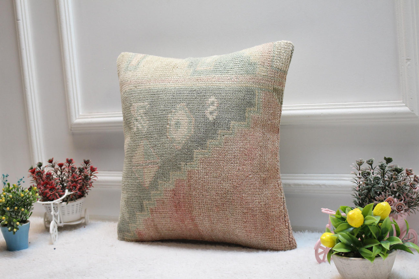 Handmade Kilim Pillow Cover: Upcycled Vintage Turkish Rug, 16x16 inch