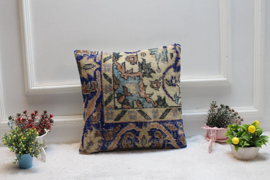 Blue Vintage Turkish Rug Pillow Cover: Bohemian Home Decor (16x16 in)