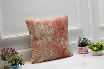 Handmade Kilim Pillow Cover: Floral Turkish Rug, 16x16 inc