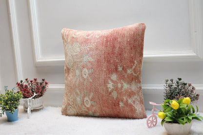 Handmade Kilim Pillow Cover: Floral Turkish Rug, 16x16 inc