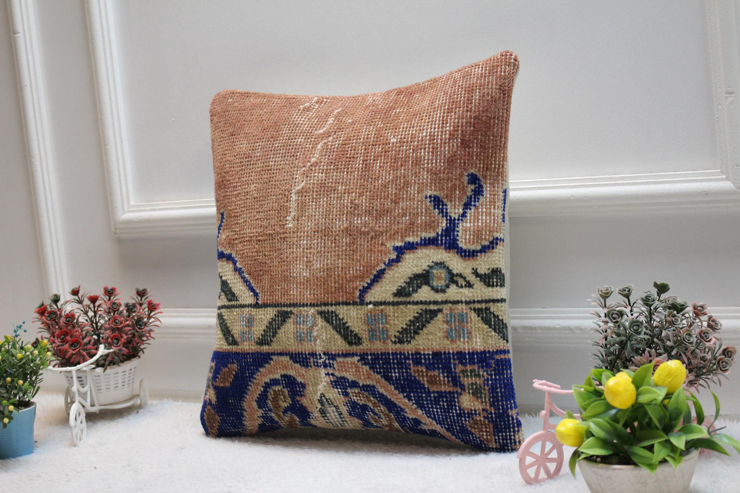Handmade Turkish Rug Pillow Cover: Upcycled Boho Home Decor (16x16 in)