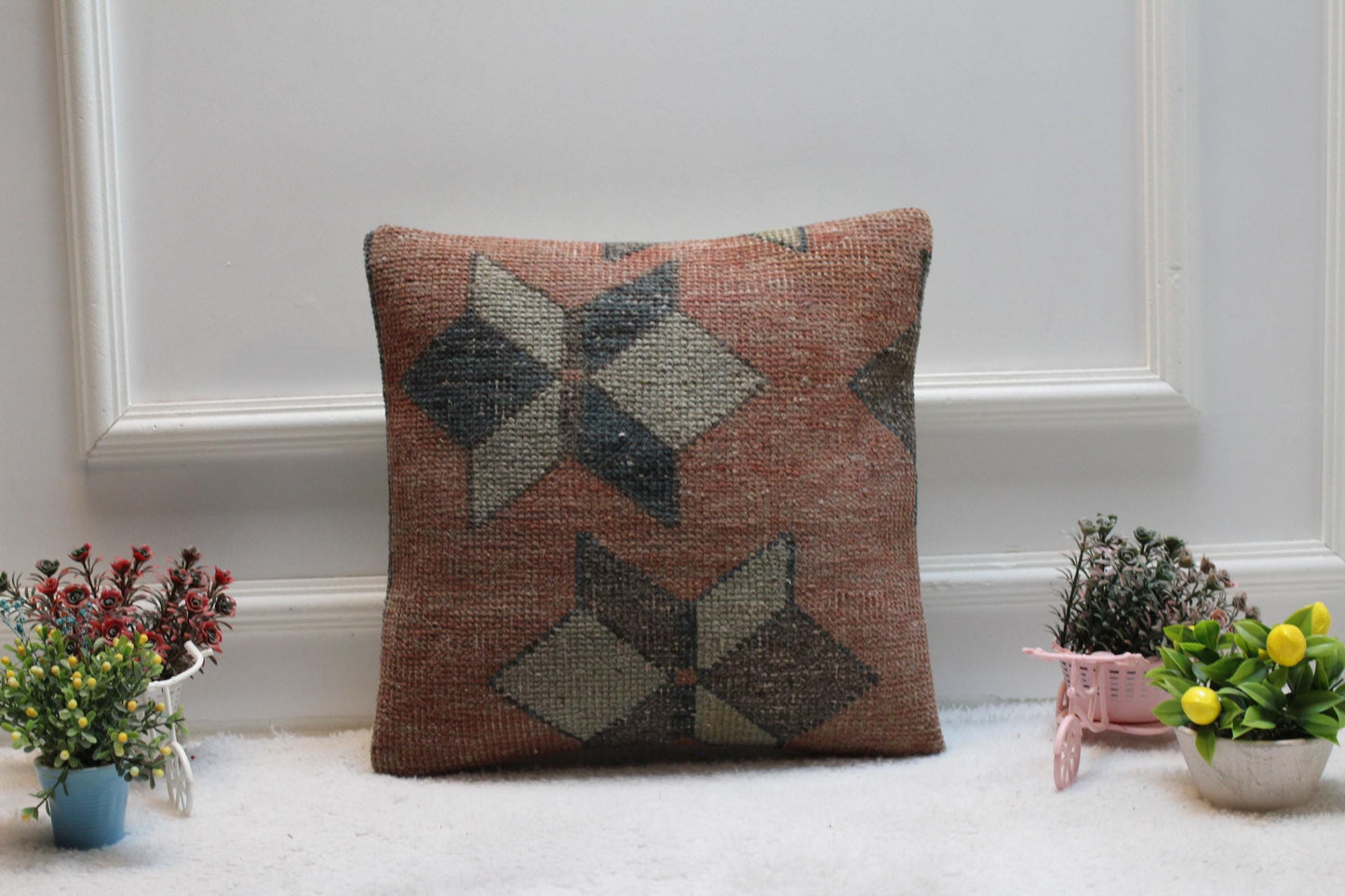 Red Turkish Kilim Pillow Cover: Vintage Woven Wool, 16x16